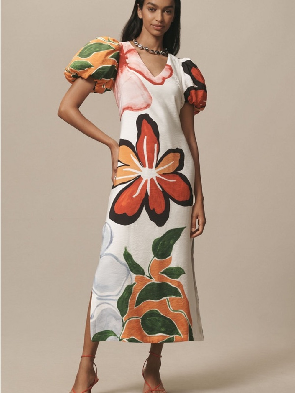 Anthropologie Floral Puff Sleeve A-Line Maxi Dress